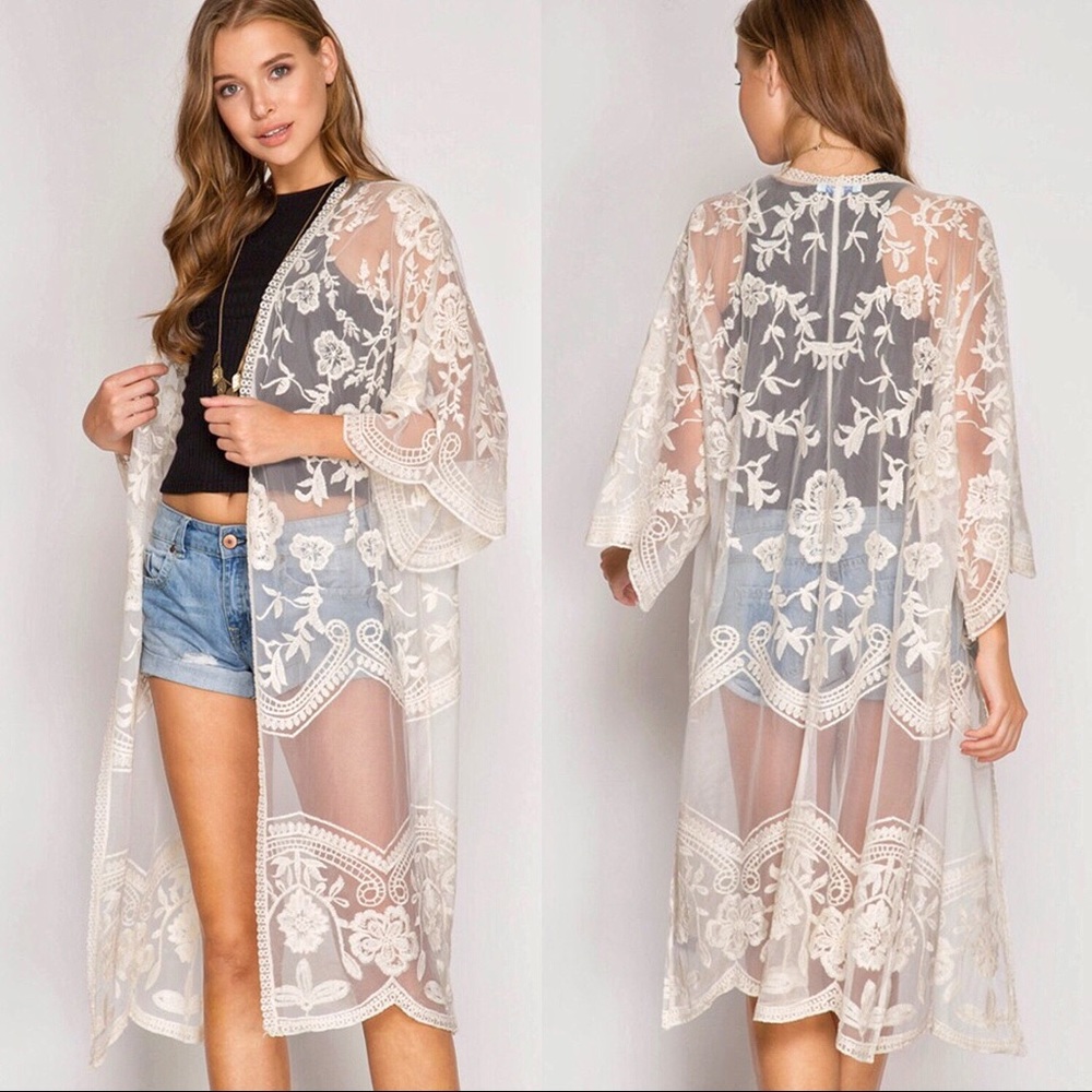 Crochet Lace Floral Midi Kimono - Picture 2 of 8